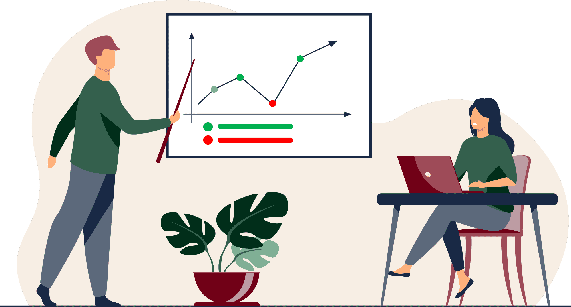 Illustration of a man showing a growth graph on a presentation slide.