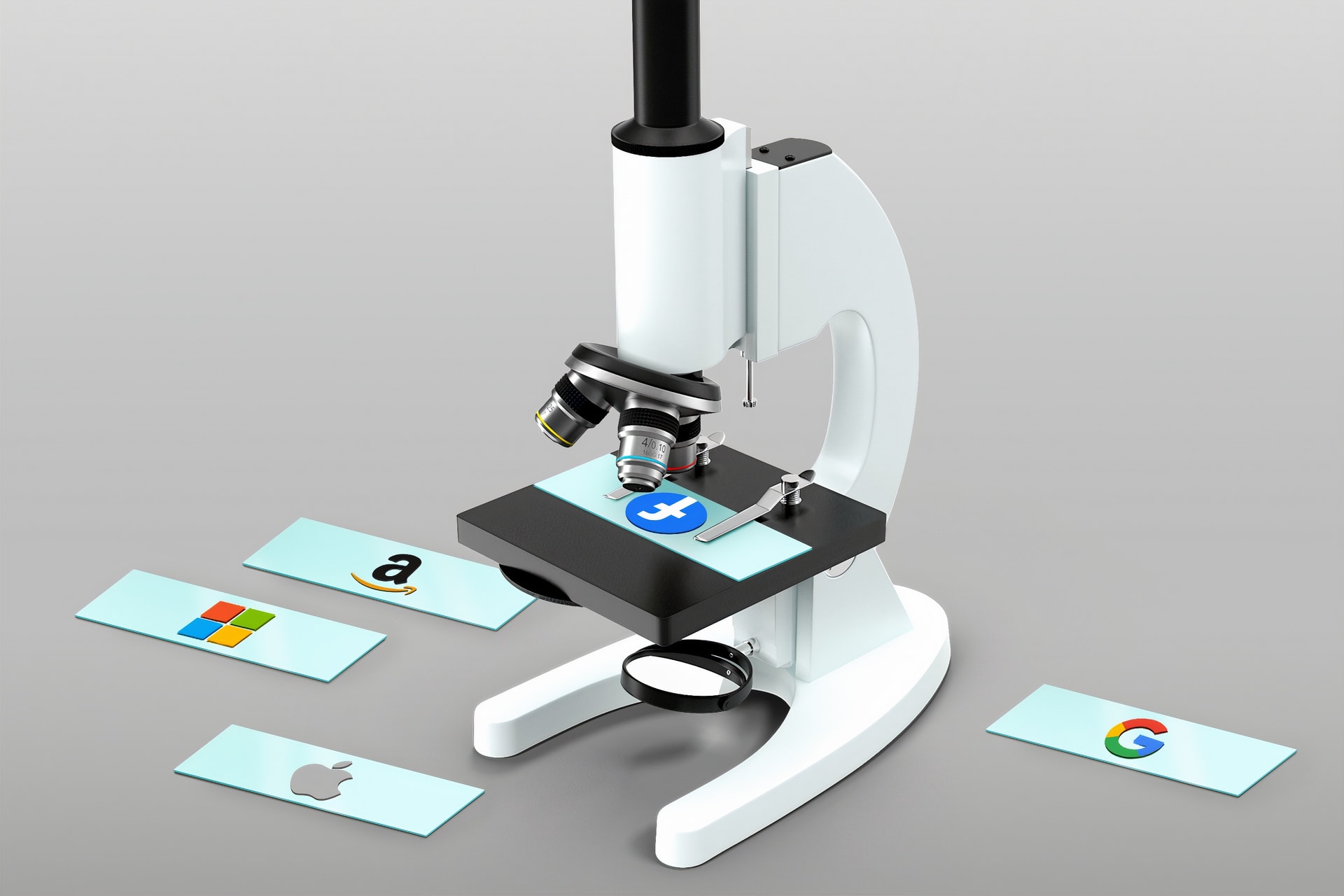 A microscope with social media logos on the slides.