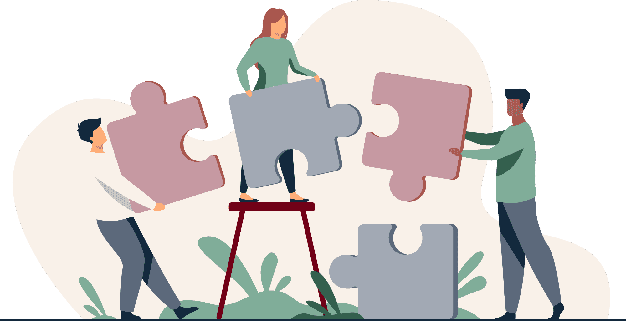 Illustration of three people assembling a big jigsaw puzzle.