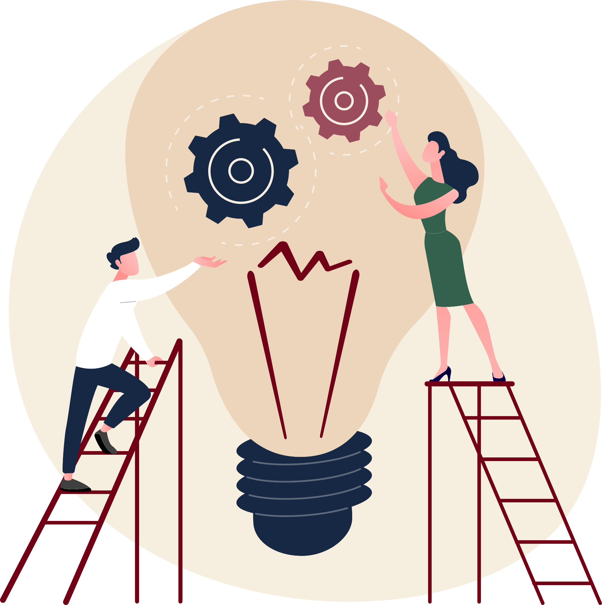 Illustration of two people on ladders moving gears within side a light bulb.
